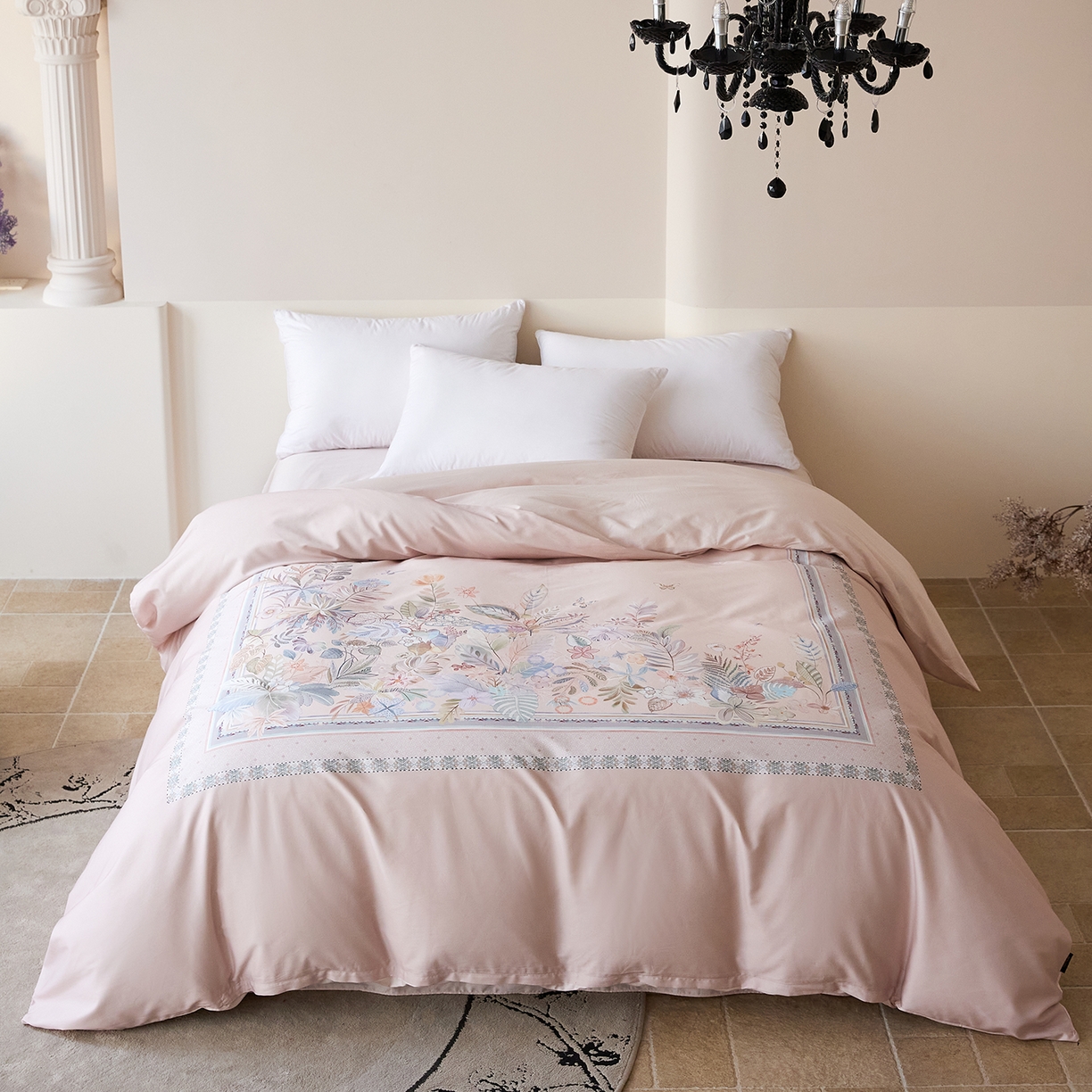 91家纺网 家纺一手货源 找家纺 梧桐树 2026新款60长绒棉平网大版系列四件套 P22梦之瑶粉