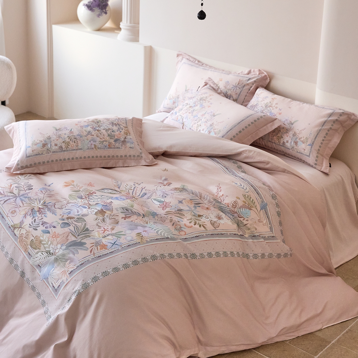 91家纺网 家纺一手货源 找家纺 梧桐树 2026新款60长绒棉平网大版系列四件套 P22梦之瑶粉