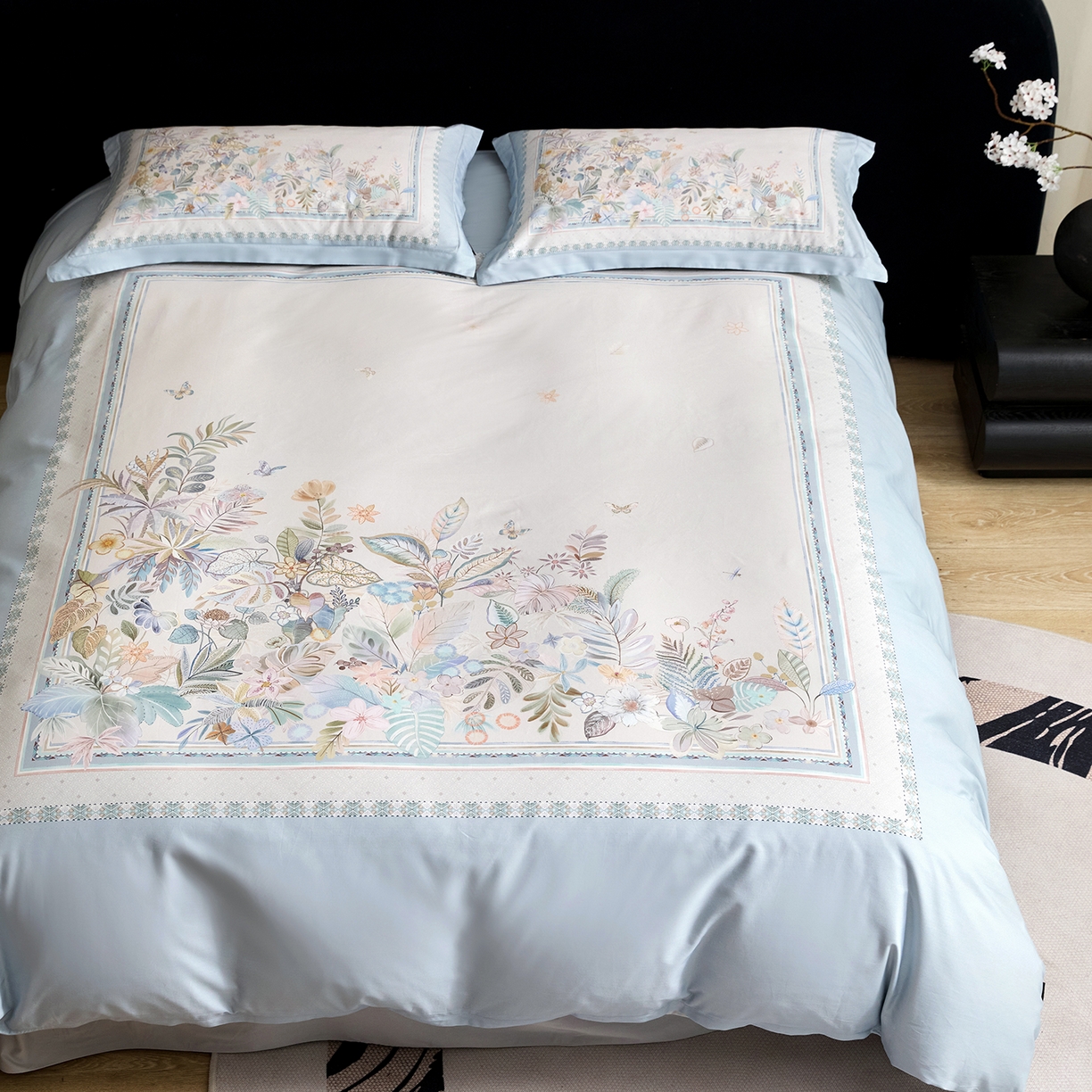 91家纺网 家纺一手货源 找家纺 梧桐树 2026新款60长绒棉平网大版系列四件套 P22梦之瑶蓝