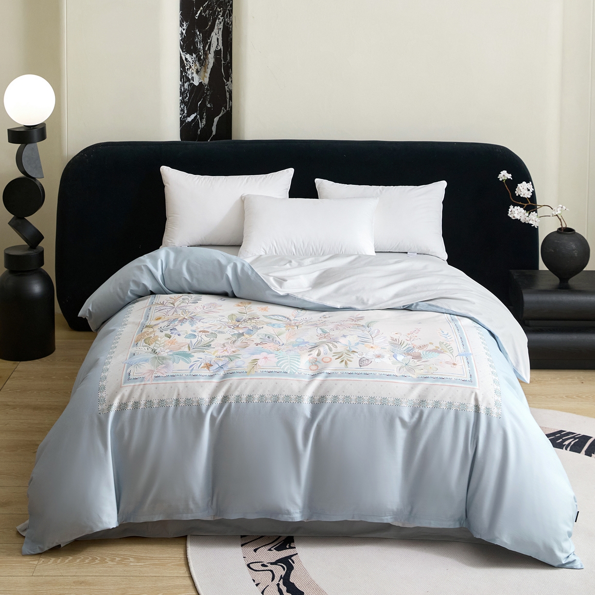 91家纺网 家纺一手货源 找家纺 梧桐树 2026新款60长绒棉平网大版系列四件套 P22梦之瑶蓝