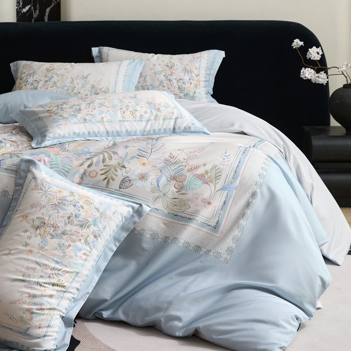 91家纺网 家纺一手货源 找家纺 梧桐树 2026新款60长绒棉平网大版系列四件套 P22梦之瑶蓝