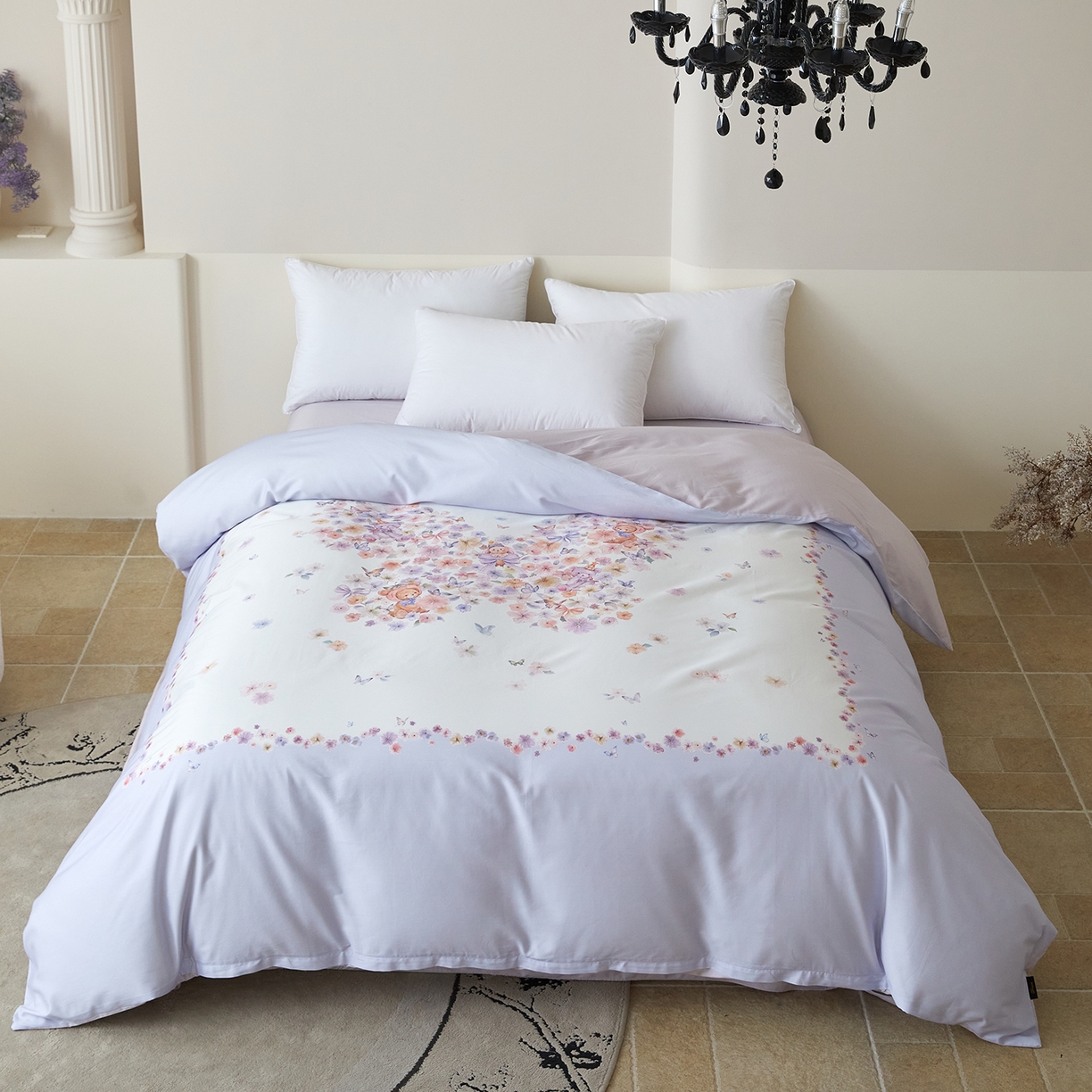 91家纺网 家纺一手货源 找家纺 梧桐树 2026新款60长绒棉平网大版系列四件套 P24蝶梦紫