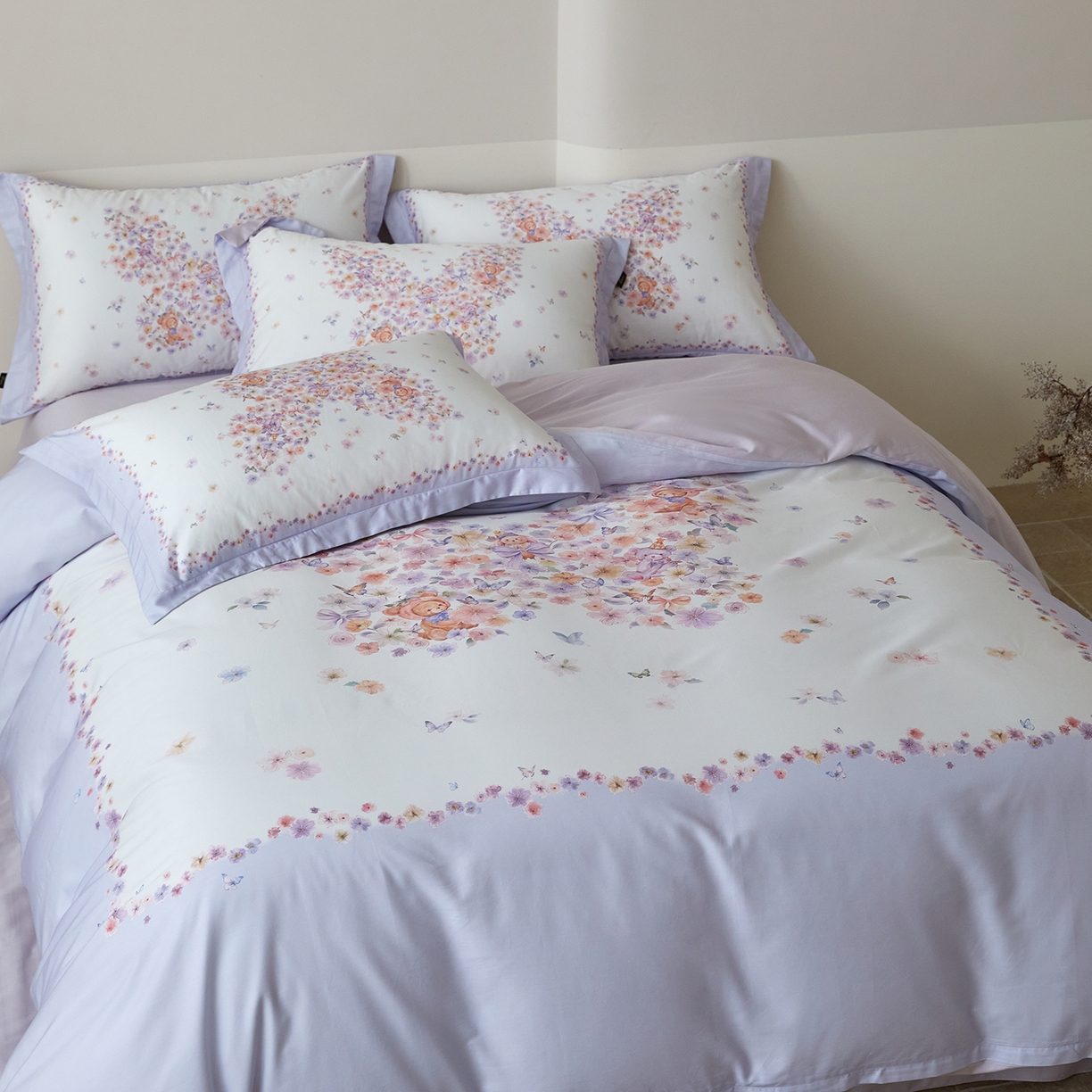 91家纺网 家纺一手货源 找家纺 梧桐树 2026新款60长绒棉平网大版系列四件套 P24蝶梦紫