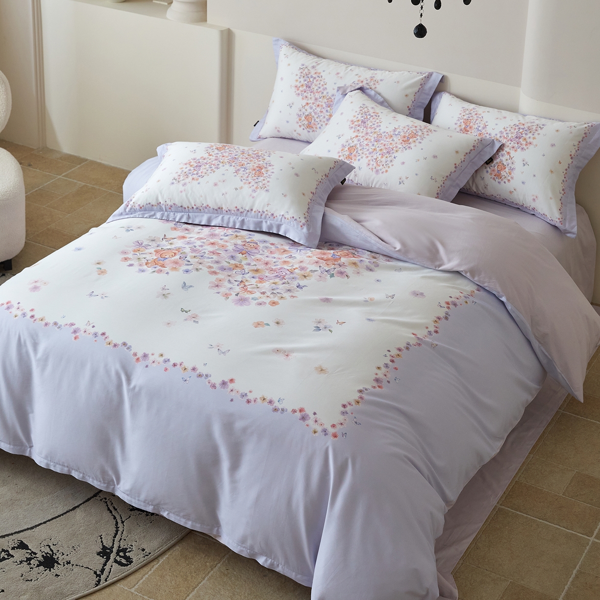 91家纺网 家纺一手货源 找家纺 梧桐树 2026新款60长绒棉平网大版系列四件套 P24蝶梦紫