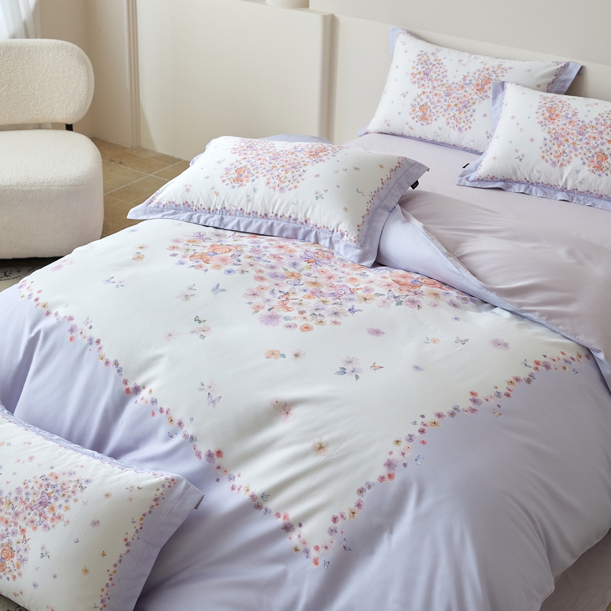 91家纺网 家纺一手货源 找家纺 梧桐树 2026新款60长绒棉平网大版系列四件套 P24蝶梦紫