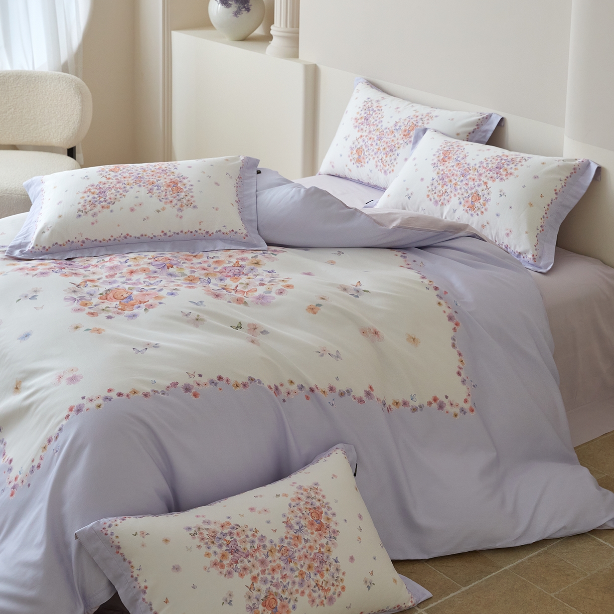 91家纺网 家纺一手货源 找家纺 梧桐树 2026新款60长绒棉平网大版系列四件套 P24蝶梦紫