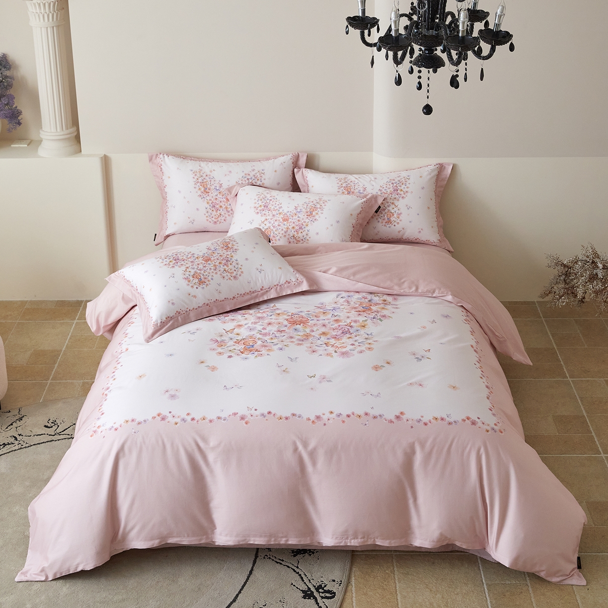 梧桐树 2026新款60长绒棉平网大版系列四件套 P25蝶梦粉