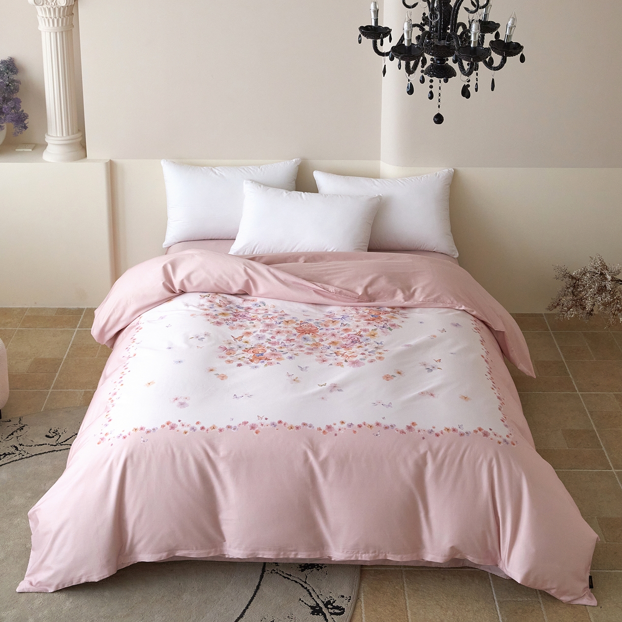 91家纺网 家纺一手货源 找家纺 梧桐树 2026新款60长绒棉平网大版系列四件套 P25蝶梦粉