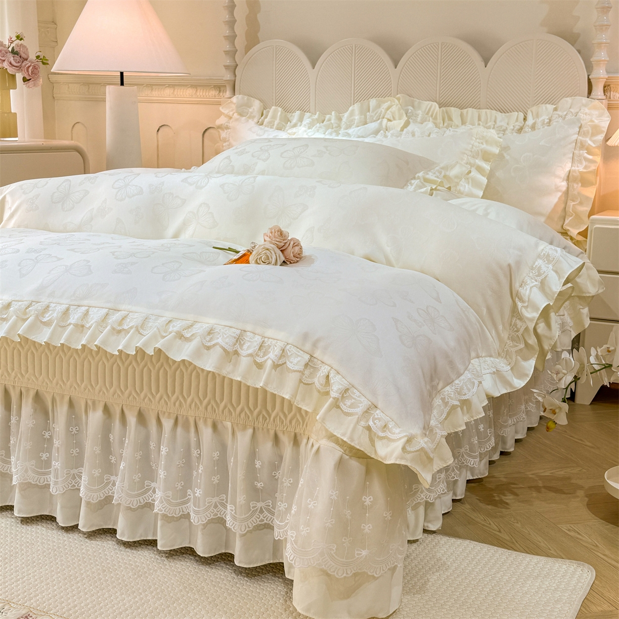 91家纺网 家纺一手货源 找家纺 （总）优贝家纺 2026春夏新款提花水洗天丝冰丝天丝韩版夹棉床盖四件套