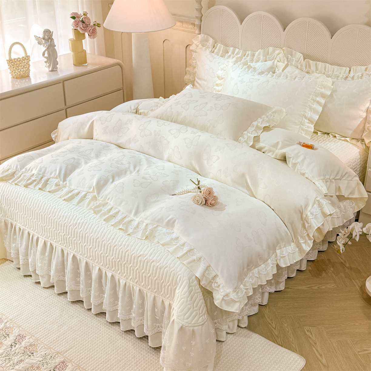 91家纺网 家纺一手货源 找家纺 （总）优贝家纺 2026春夏新款提花水洗天丝冰丝天丝韩版夹棉床盖四件套