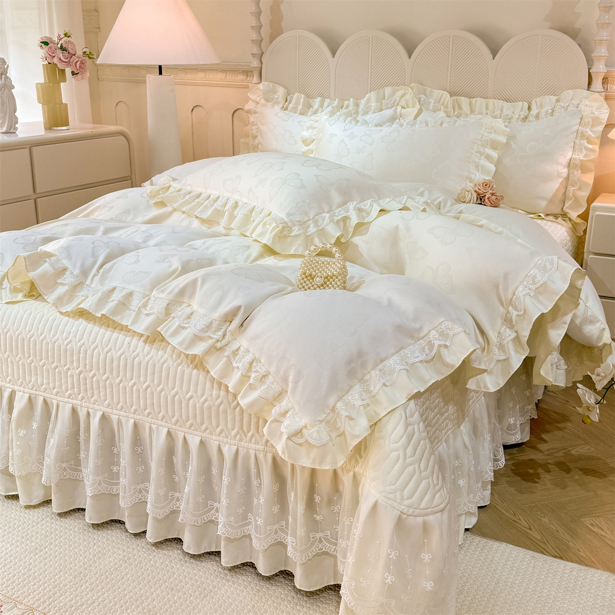 91家纺网 家纺一手货源 找家纺 （总）优贝家纺 2026春夏新款提花水洗天丝冰丝天丝韩版夹棉床盖四件套