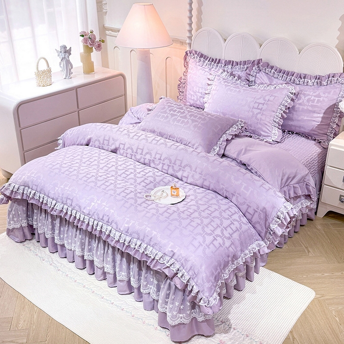 优贝家纺 2026春夏新款提花水洗天丝冰丝天丝韩版夹棉床盖四件套 堇色齐梦