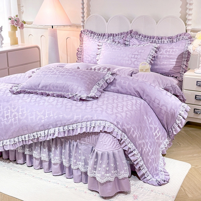 91家纺网 家纺一手货源 找家纺 优贝家纺 2026春夏新款提花水洗天丝冰丝天丝韩版夹棉床盖四件套 堇色齐梦