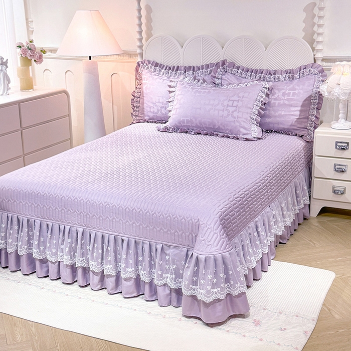 91家纺网 家纺一手货源 找家纺 优贝家纺 2026春夏新款提花水洗天丝冰丝天丝韩版夹棉床盖四件套 堇色齐梦