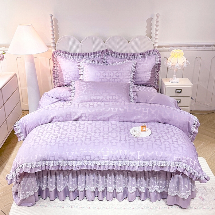 91家纺网 家纺一手货源 找家纺 优贝家纺 2026春夏新款提花水洗天丝冰丝天丝韩版夹棉床盖四件套 堇色齐梦