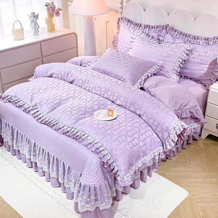 91家纺网 家纺一手货源 找家纺 优贝家纺 2026春夏新款提花水洗天丝冰丝天丝韩版夹棉床盖四件套 堇色齐梦