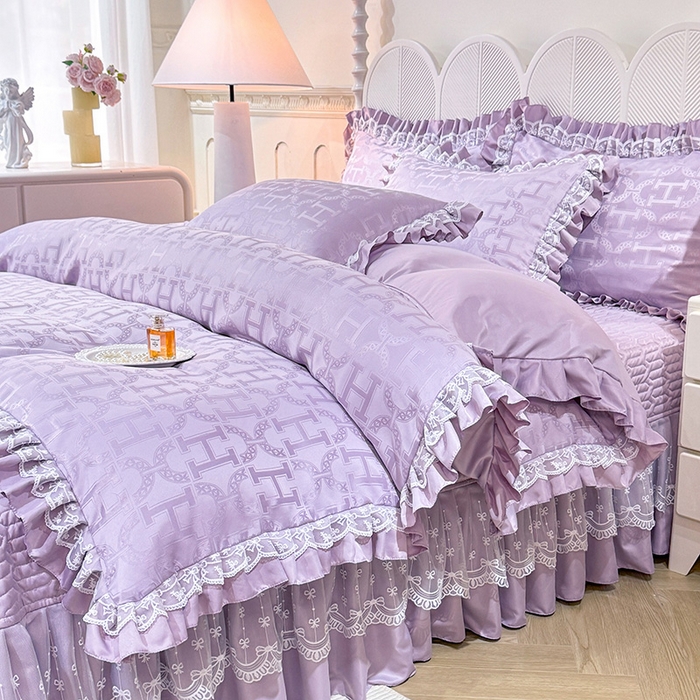 91家纺网 家纺一手货源 找家纺 优贝家纺 2026春夏新款提花水洗天丝冰丝天丝韩版夹棉床盖四件套 堇色齐梦