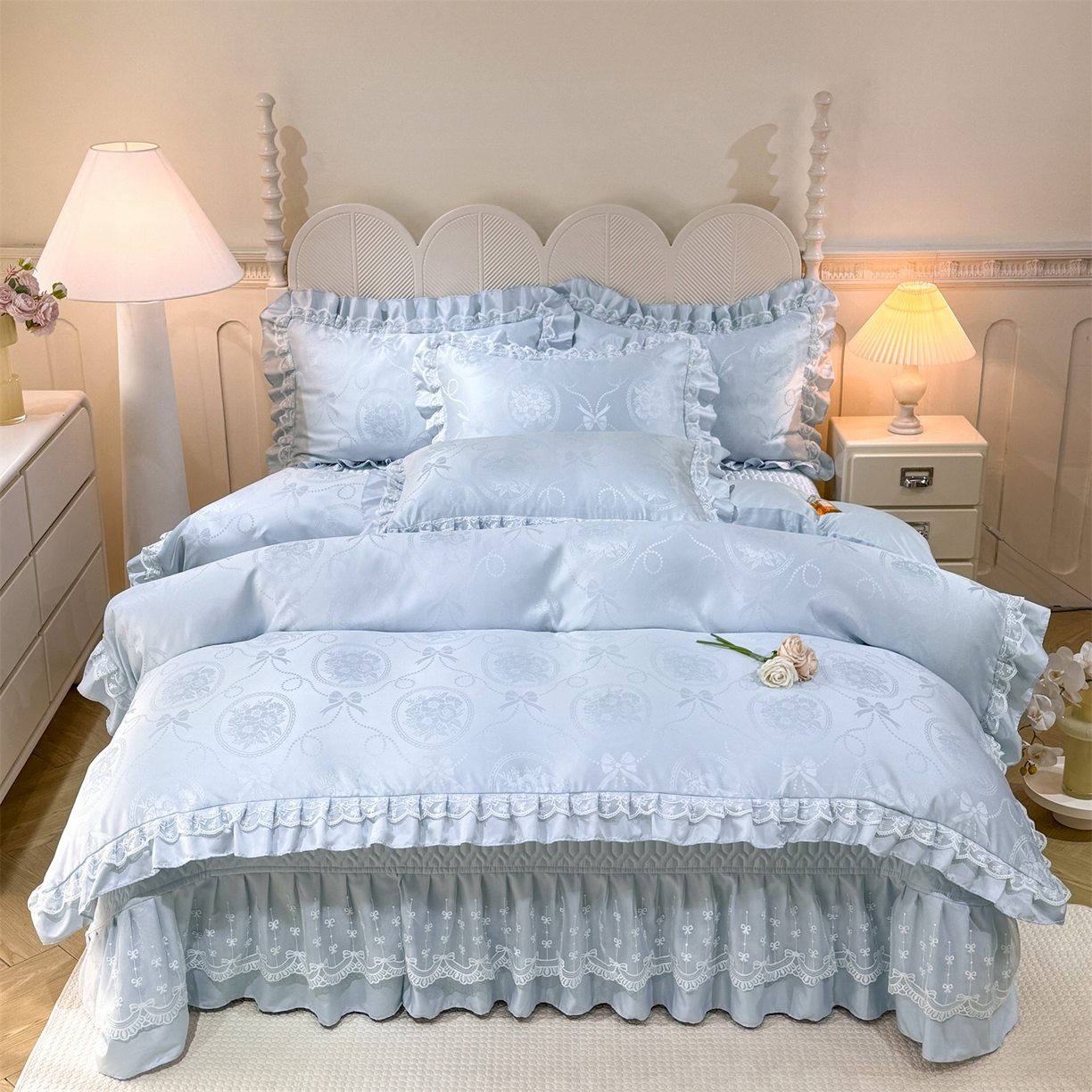 91家纺网 家纺一手货源 找家纺 优贝家纺 2026春夏新款提花水洗天丝冰丝天丝韩版夹棉床盖四件套 花涧-天蓝