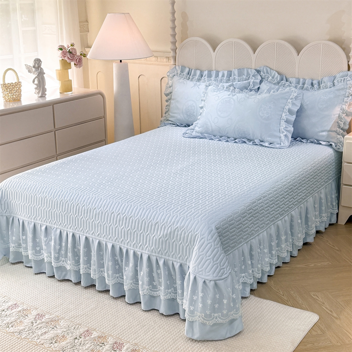 91家纺网 家纺一手货源 找家纺 优贝家纺 2026春夏新款提花水洗天丝冰丝天丝韩版夹棉床盖四件套 花涧-天蓝