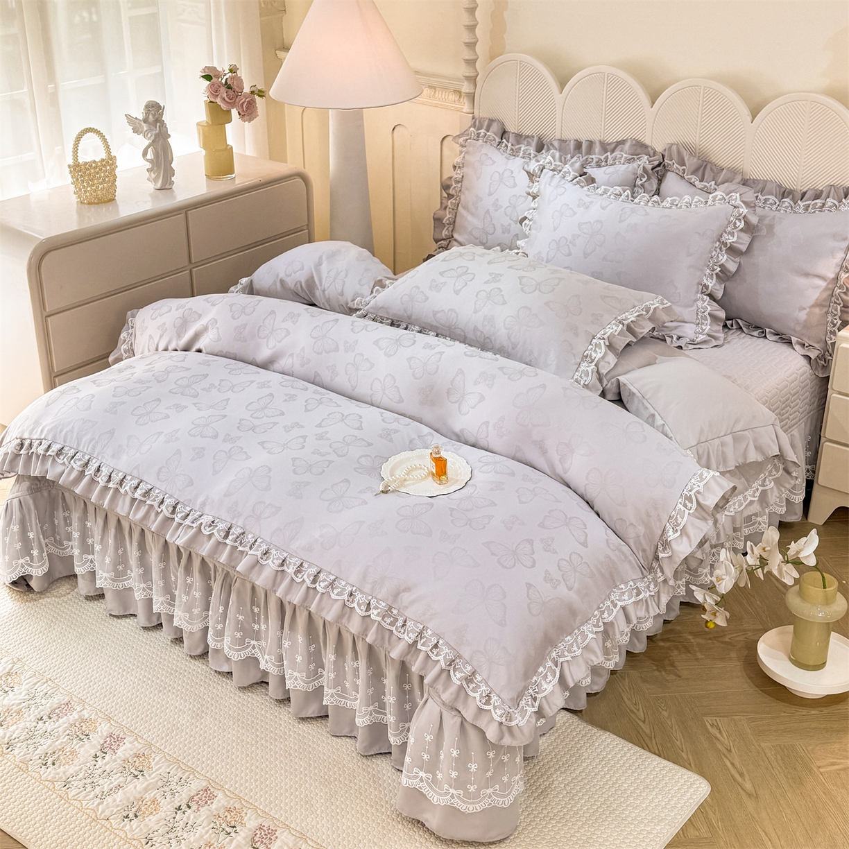 优贝家纺 2026春夏新款提花水洗天丝冰丝天丝韩版夹棉床盖四件套 蝶舞-绅士灰