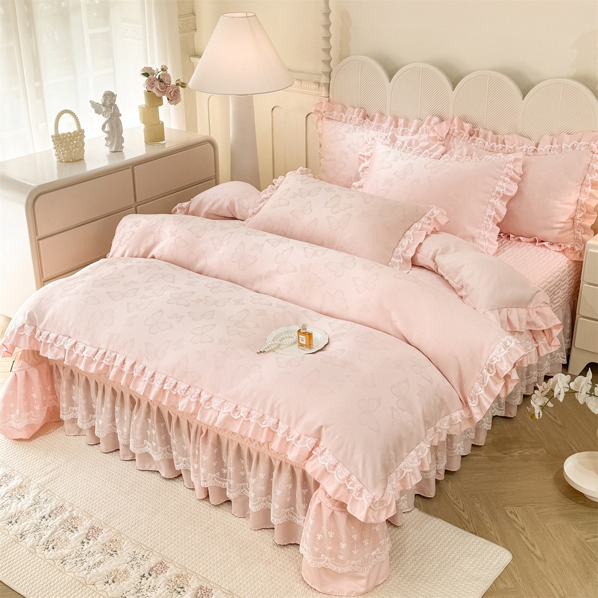 优贝家纺 2026春夏新款提花水洗天丝冰丝天丝韩版夹棉床盖四件套 蝶舞-蜜桃粉