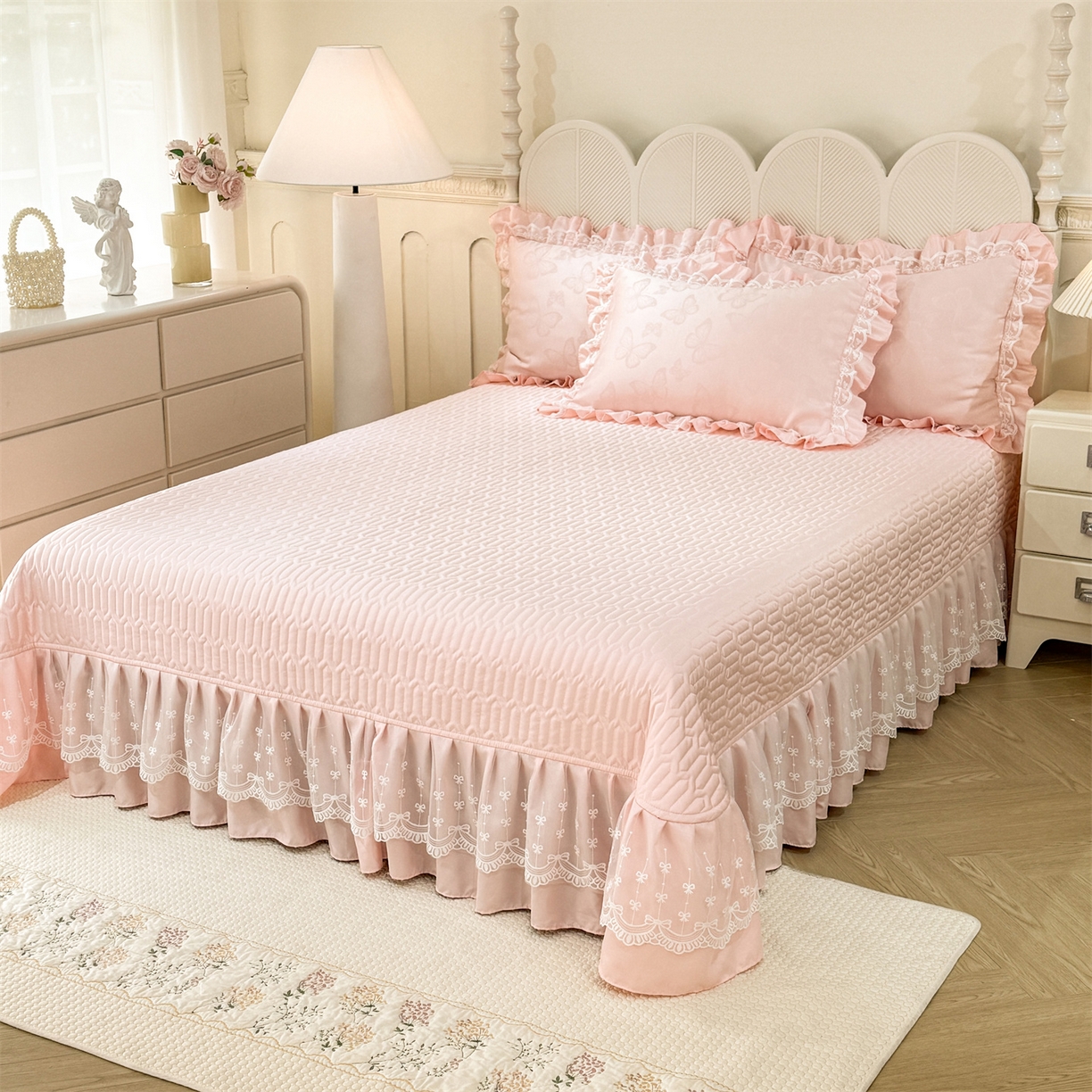 91家纺网 家纺一手货源 找家纺 优贝家纺 2026春夏新款提花水洗天丝冰丝天丝韩版夹棉床盖四件套 蝶舞-蜜桃粉