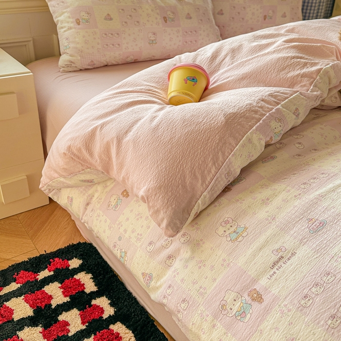 91家纺网 家纺一手货源 找家纺 女子家纺 2026春夏新款云感皱皱纱小清新四件套 拼格小猫