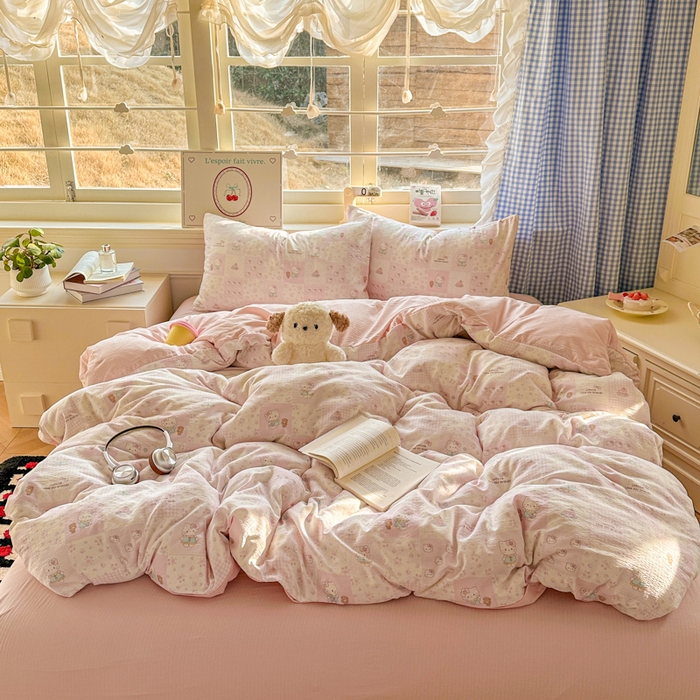 女子家纺 2026春夏新款云感皱皱纱小清新四件套 拼格小猫