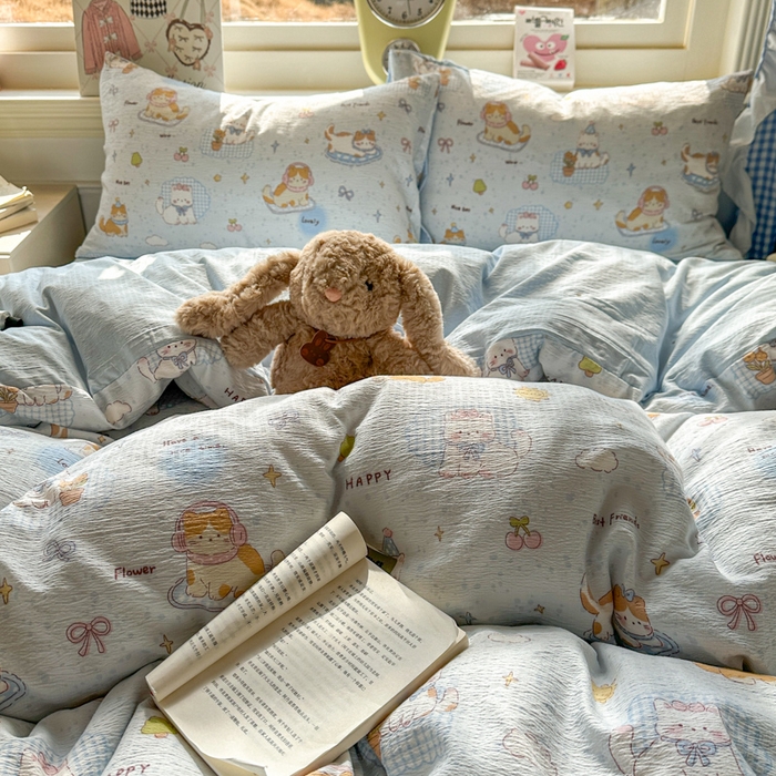 91家纺网 家纺一手货源 找家纺 女子家纺 2026春夏新款云感皱皱纱小清新四件套 萌宠宝贝