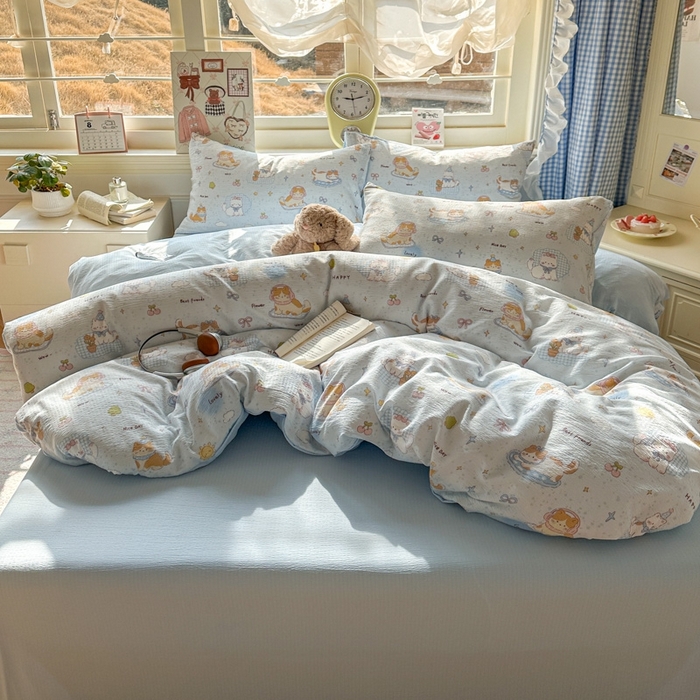 91家纺网 家纺一手货源 找家纺 女子家纺 2026春夏新款云感皱皱纱小清新四件套 萌宠宝贝