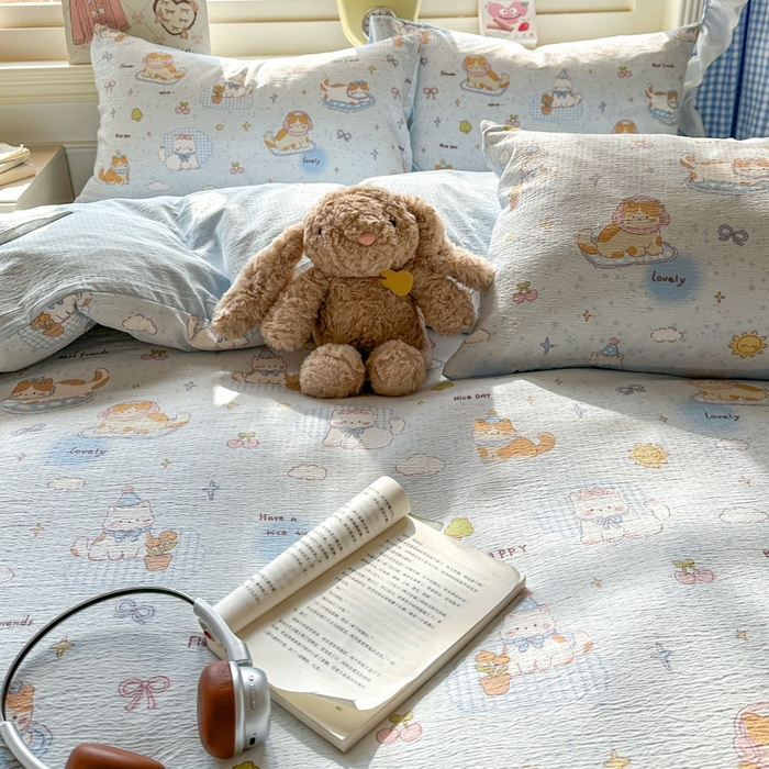 91家纺网 家纺一手货源 找家纺 女子家纺 2026春夏新款云感皱皱纱小清新四件套 萌宠宝贝