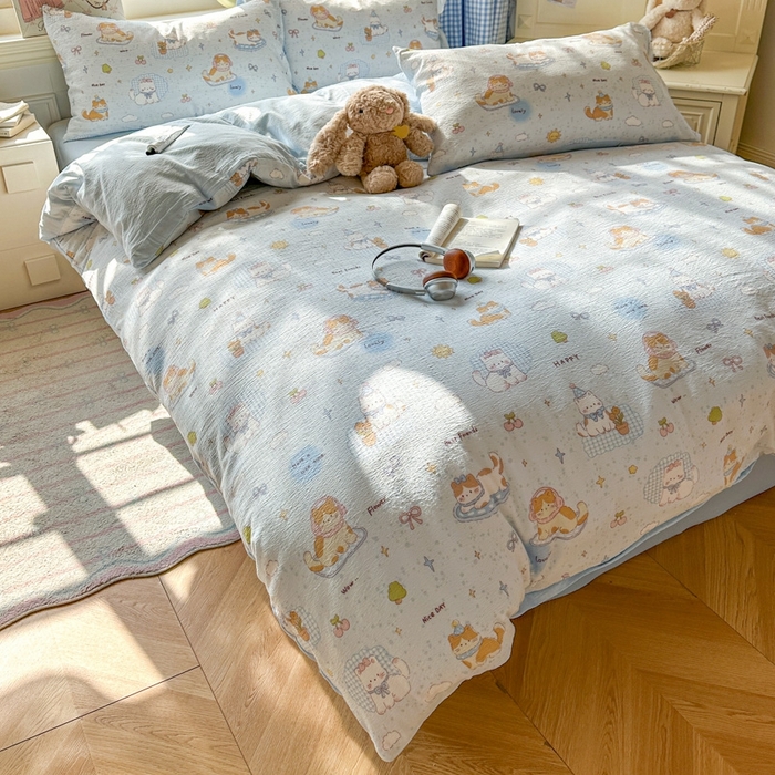 91家纺网 家纺一手货源 找家纺 女子家纺 2026春夏新款云感皱皱纱小清新四件套 萌宠宝贝