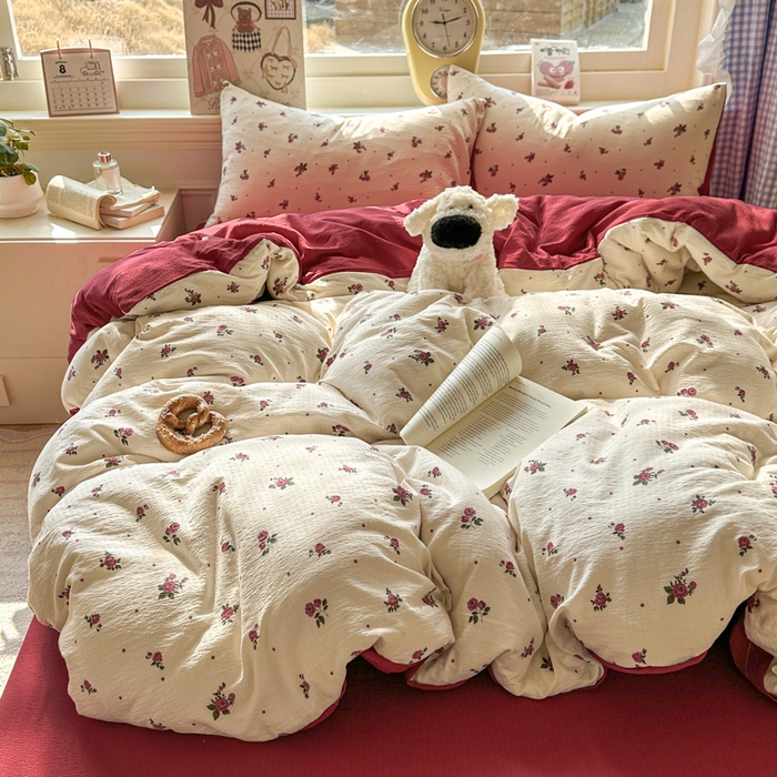 91家纺网 家纺一手货源 找家纺 女子家纺 2026春夏新款云感皱皱纱小清新四件套 玫瑰园