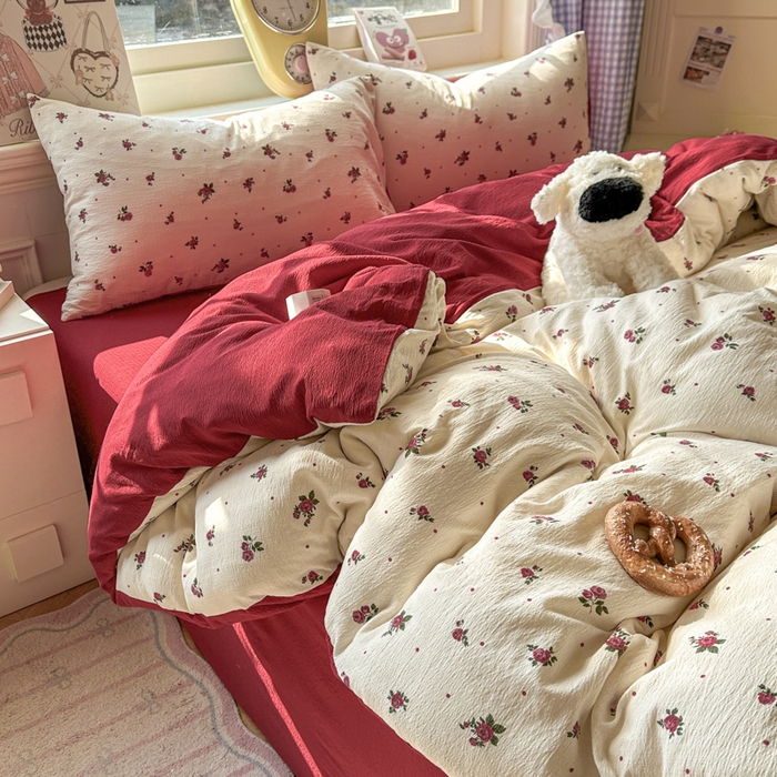 91家纺网 家纺一手货源 找家纺 女子家纺 2026春夏新款云感皱皱纱小清新四件套 玫瑰园