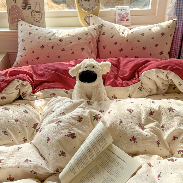 91家纺网 家纺一手货源 找家纺 女子家纺 2026春夏新款云感皱皱纱小清新四件套 玫瑰园