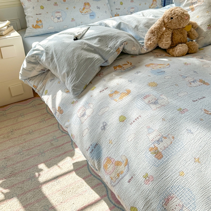 91家纺网 家纺一手货源 找家纺 女子家纺 2026春夏新款云感皱皱纱小清新四件套 萌宠宝贝