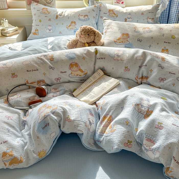 91家纺网 家纺一手货源 找家纺 女子家纺 2026春夏新款云感皱皱纱小清新四件套 萌宠宝贝