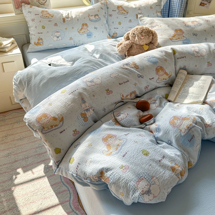 91家纺网 家纺一手货源 找家纺 女子家纺 2026春夏新款云感皱皱纱小清新四件套 萌宠宝贝