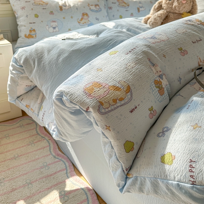 91家纺网 家纺一手货源 找家纺 女子家纺 2026春夏新款云感皱皱纱小清新四件套 萌宠宝贝