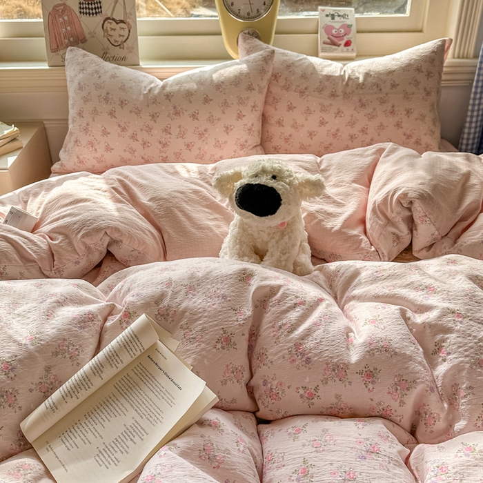 91家纺网 家纺一手货源 找家纺 女子家纺 2026春夏新款云感皱皱纱小清新四件套 碎花飘飘