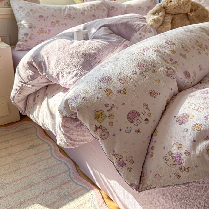 91家纺网 家纺一手货源 找家纺 女子家纺 2026春夏新款云感皱皱纱小清新四件套 小鹿洛米