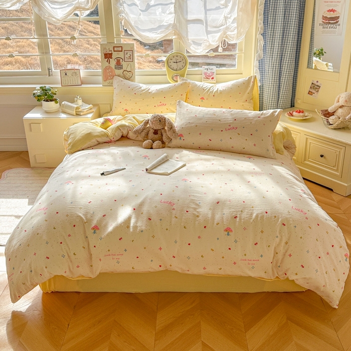 91家纺网 家纺一手货源 找家纺 女子家纺 2026春夏新款云感皱皱纱小清新四件套 幸运星