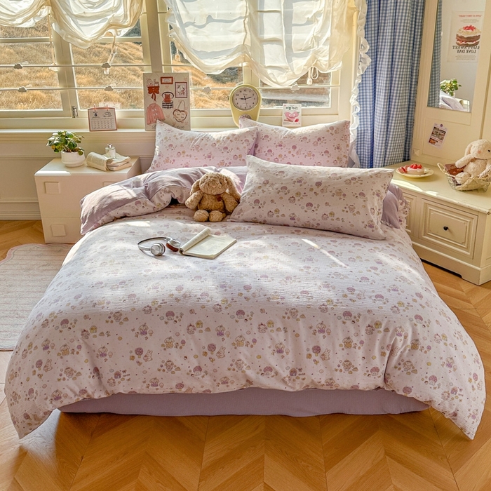 91家纺网 家纺一手货源 找家纺 女子家纺 2026春夏新款云感皱皱纱小清新四件套 小鹿洛米