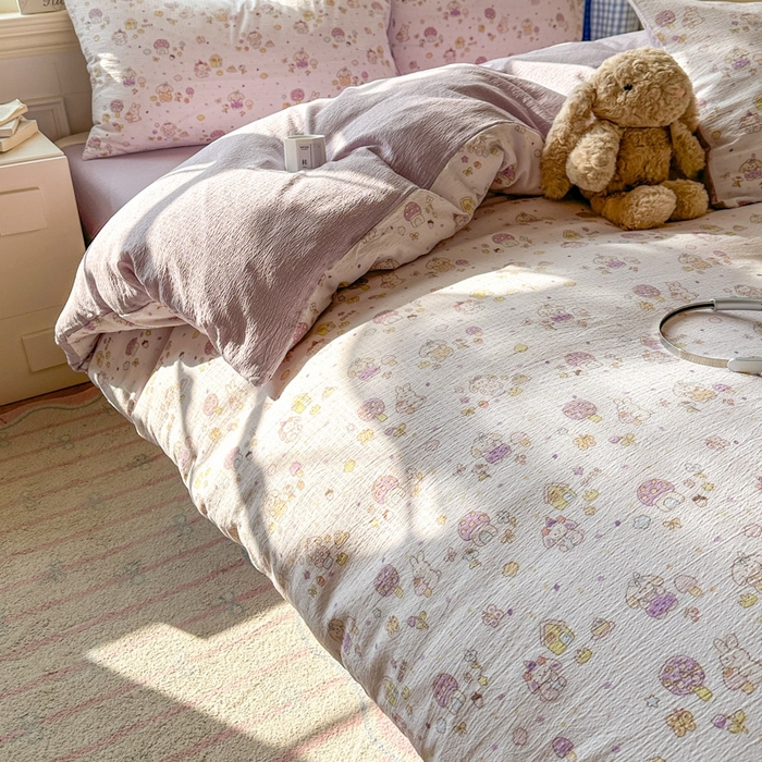 91家纺网 家纺一手货源 找家纺 女子家纺 2026春夏新款云感皱皱纱小清新四件套 小鹿洛米