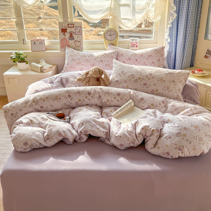 91家纺网 家纺一手货源 找家纺 女子家纺 2026春夏新款云感皱皱纱小清新四件套 小鹿洛米