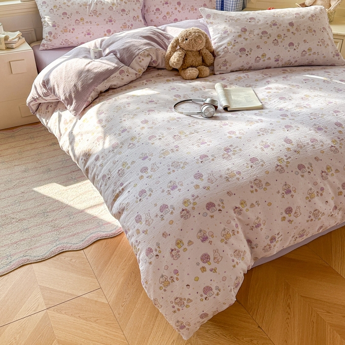 91家纺网 家纺一手货源 找家纺 女子家纺 2026春夏新款云感皱皱纱小清新四件套 小鹿洛米