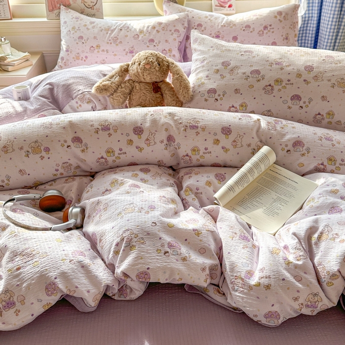 91家纺网 家纺一手货源 找家纺 女子家纺 2026春夏新款云感皱皱纱小清新四件套 小鹿洛米