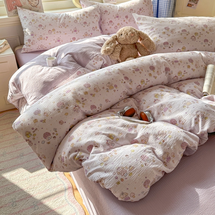 91家纺网 家纺一手货源 找家纺 女子家纺 2026春夏新款云感皱皱纱小清新四件套 小鹿洛米