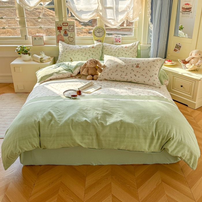 91家纺网 家纺一手货源 找家纺 女子家纺 2026春夏新款云感皱皱纱小清新四件套 米菲兔