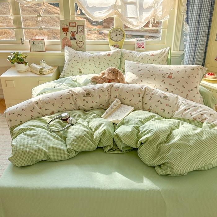 91家纺网 家纺一手货源 找家纺 女子家纺 2026春夏新款云感皱皱纱小清新四件套 米菲兔